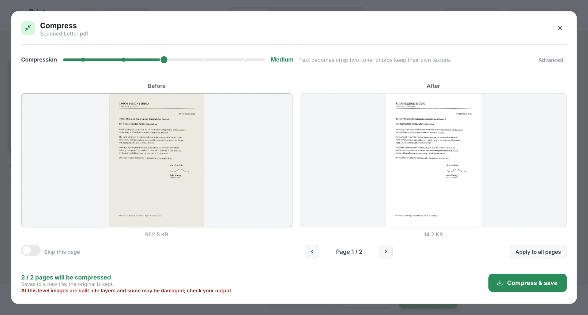 Deste’s compression window: the five-level slider at Medium; on the left the original page of a scanned letter at 952 KB, on the right the compressed page at 14 KB.