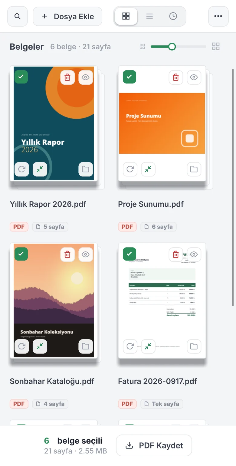 Telefonda Deste: Yığınlar görünümünde iki sütun belge kartı ve altta PDF Kaydet düğmesi.