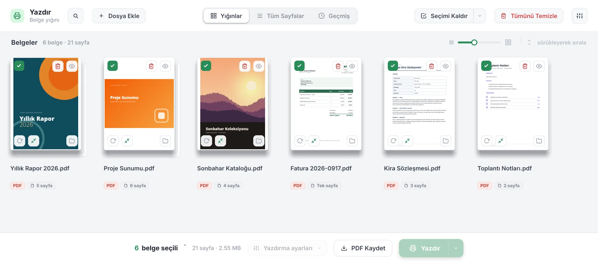 destepdf.com adresinde açık bir tarayıcı penceresinde Deste’nin Yığınlar görünümü: yıllık rapor, sunum, katalog, fatura, sözleşme ve toplantı notu kartları.